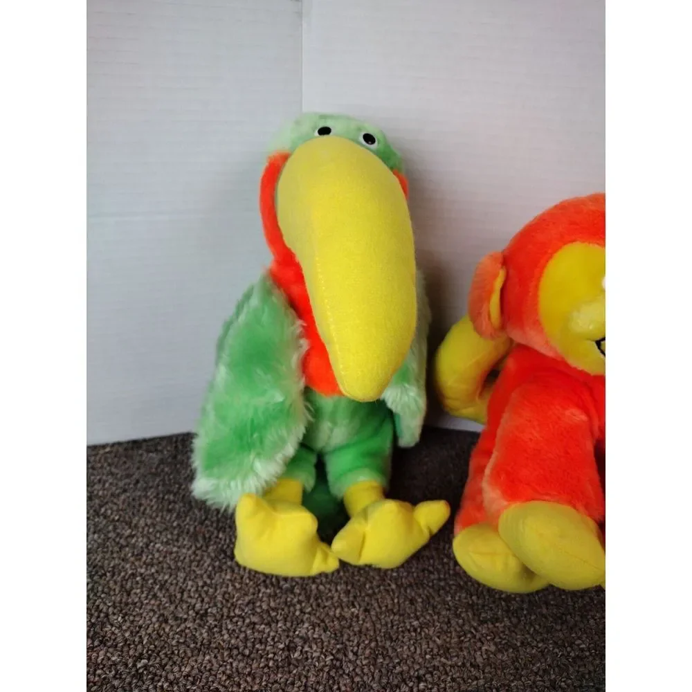 2- Dole Bananimals Orange Banachimp Plush & Green Tucan Vintage 80s Stuffed Toy